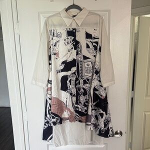 Women's Printed Collared Shirt Dress - Cream, Black & Brown